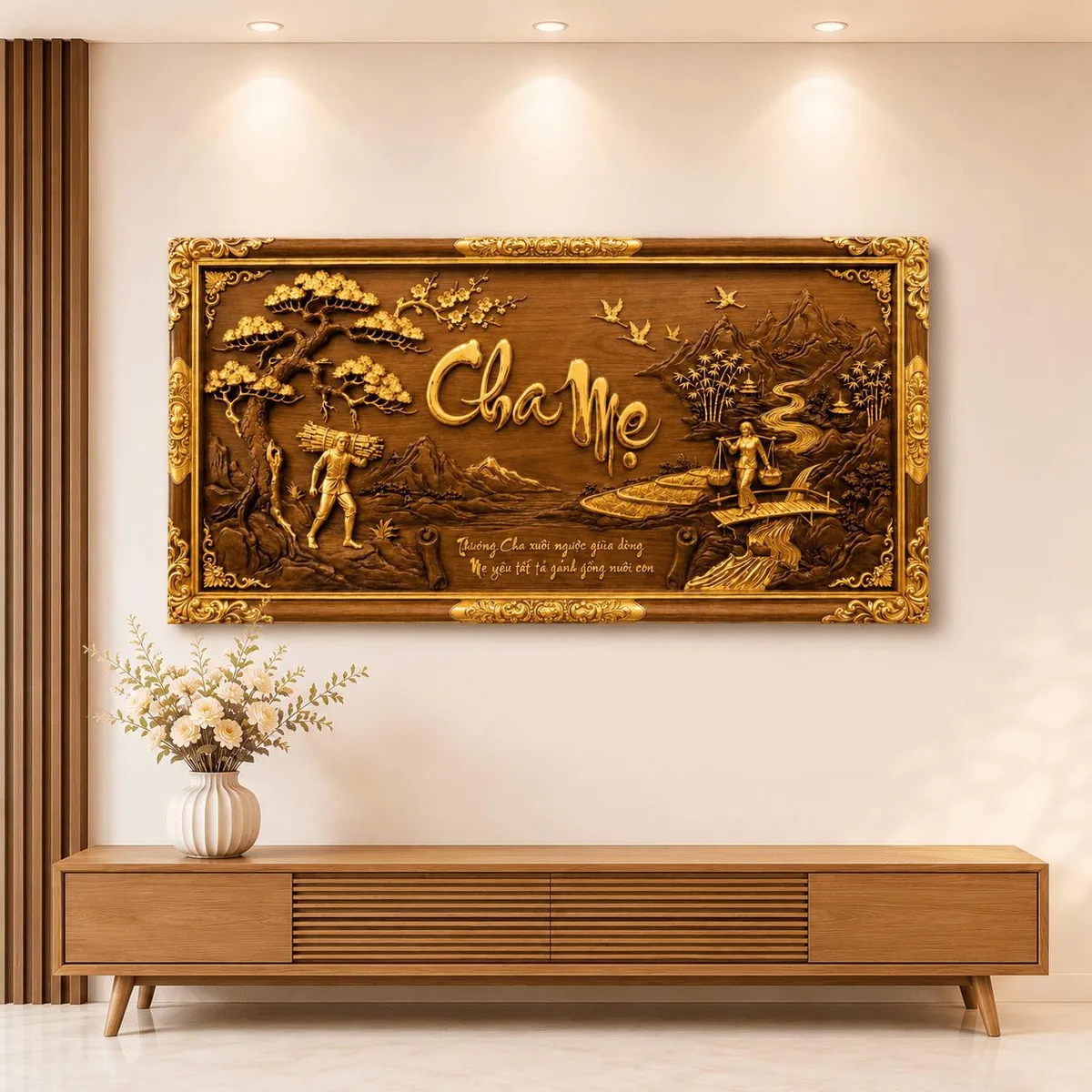Tranh Tráng Gương Cha Mẹ Bọc Viền vàng Cao Cấp
