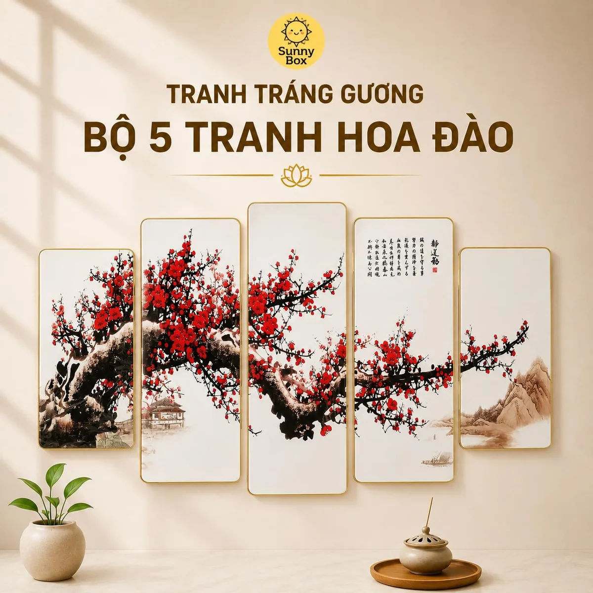 Bộ 5 Tranh Tráng Gương Hoa Đào